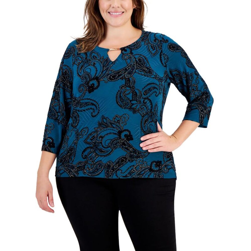 Plus Size Paisley Glitter Keyhole Top